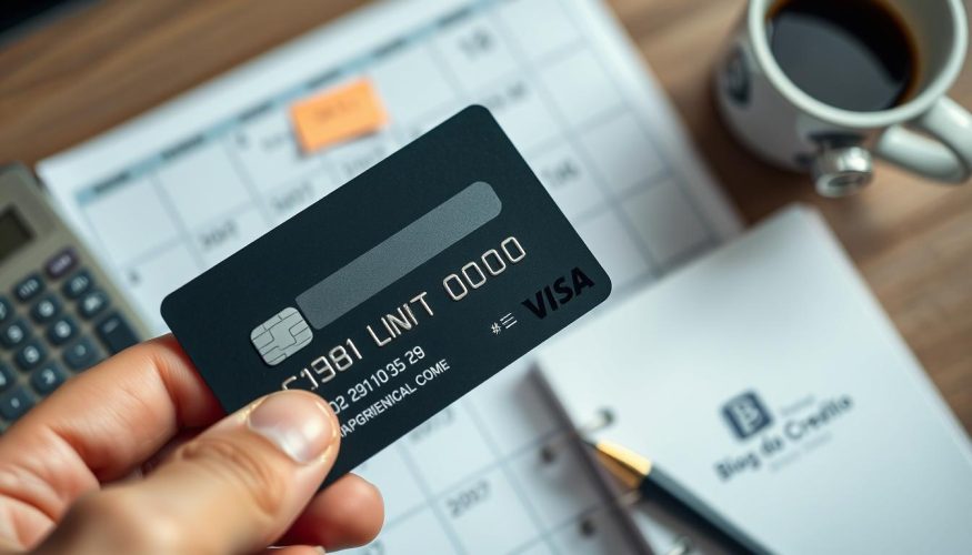 A close-up of a credit card being held in a hand, emphasizing the visible credit limit printed on it. The background features a blurred image of a monthly budget planner with notes indicating expenses, symbolizing financial management. The foreground focuses on the card with soft, diffused lighting highlighting the details of the numbers and design. The mood is serious and reflective, portraying financial accountability. Use a shallow depth of field to draw attention to the card while subtly suggesting the larger theme of budget management in the background. Capture this scene with a slight overhead angle to provide depth. Include elements of a workspace, like a calculator and a cup of coffee, subtly placed in the background. The branding "Blog do Crédito" is represented through a discreet logo on the planner.