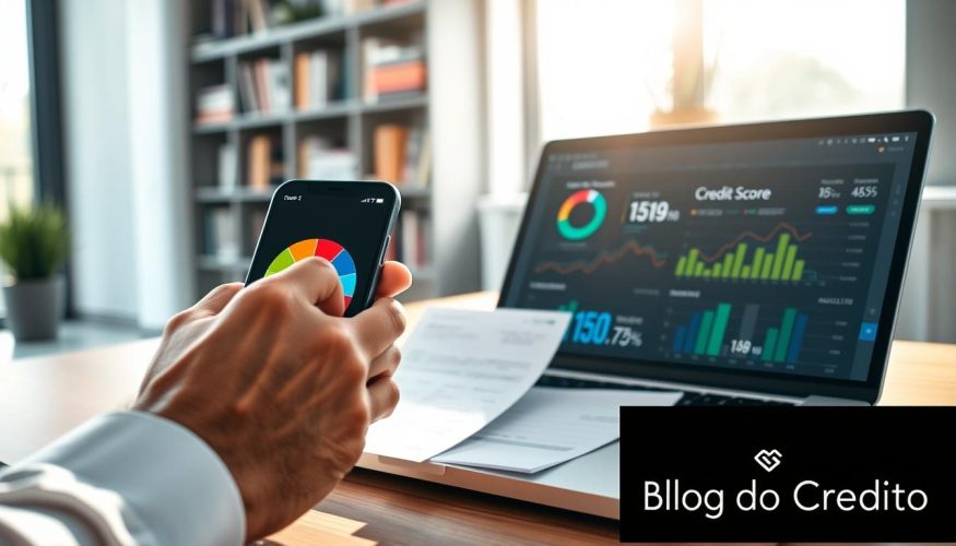 A close-up view of a person analyzing a credit score report at a modern, sleek desk. In the foreground, the individual's hand is holding a smartphone displaying a colorful credit score gauge, with a credit report document partially visible. The middle ground features a laptop open to a financial dashboard with graphs and statistics related to credit scoring. In the background, soft-focus shelves filled with books on finance and credit management create a professional atmosphere. The lighting is bright and inviting, with sunlight streaming in through a nearby window, casting a warm glow. The mood is focused and analytical, ideal for understanding how credit scores are calculated. The brand name "Blog do Crédito" subtly appears in the corner of the image, ensuring a professional presentation.