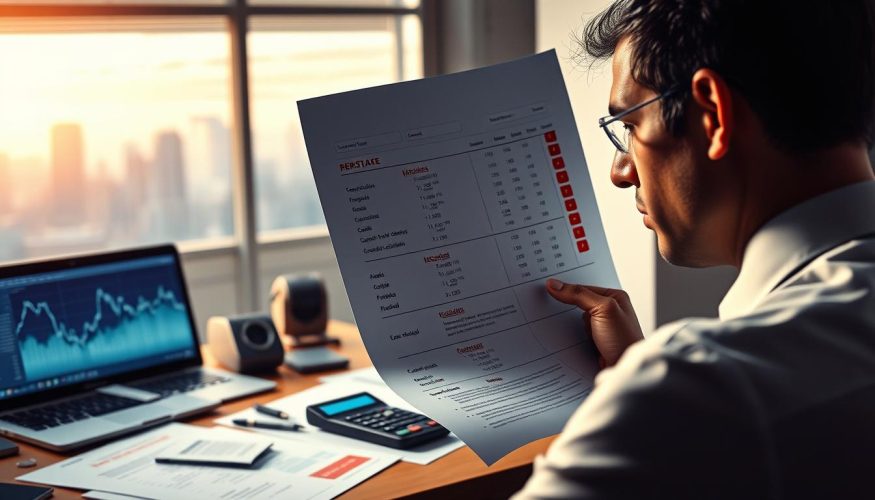 A conceptual illustration of "impacto no crédito," featuring a professional, business-like atmosphere. In the foreground, a concerned person in formal attire examines a large credit report with visible negative indicators and red marks, symbolizing mistakes in credit decisions. In the middle ground, a calculator and financial documents are scattered on a desk, alongside a laptop displaying fluctuating graphs. The background shows a softly lit office environment with a window revealing a city skyline, symbolizing urban finance. The overall mood is tense yet focused, emphasizing the seriousness of managing credit wisely. Use ambient lighting to create a sense of urgency. The image should reflect the essence of the article "Blog do Crédito," without any text or logos present.