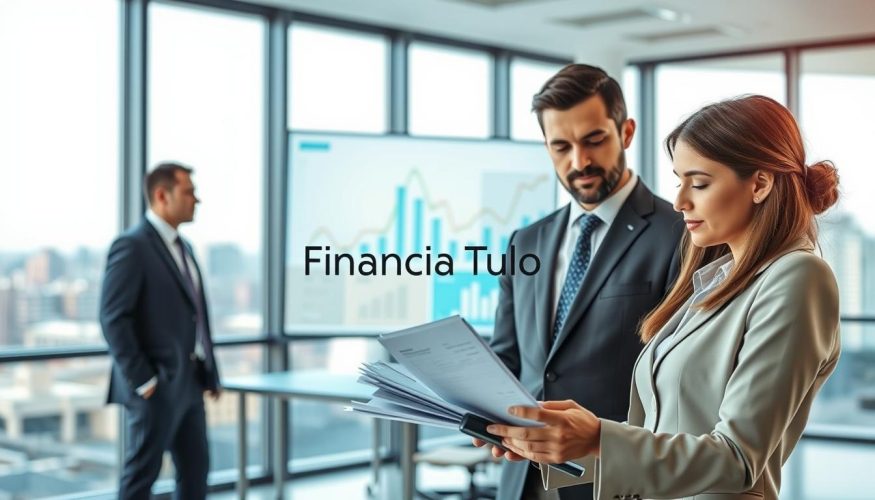A conceptual image illustrating the theme of initial capital for property financing, featuring a professional business setting. In the foreground, a confident, well-dressed businesswoman examines a stack of financial documents and a calculator, while a man in a suit discusses options with her. The middle ground showcases a modern office with financial graphs displayed on a large screen, emphasizing the analytical aspect of capital requirements. In the background, a window offers a view of a cityscape, reflecting opportunity and growth. The lighting is bright and inviting, with a soft focus on the figures in the foreground, creating an atmosphere of professionalism and trust. The brand "Financia Tudo" is subtly included in a stylish way within the office environment.