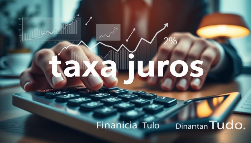 A conceptual visualization of "taxa juros" for a financial article, featuring a close-up of a modern metallic calculator displaying numerical values, symbolizing interest rates. In the foreground, a pair of hands in formal business attire manipulate the calculator buttons. The middle layer includes floating, semi-transparent charts and graphs illustrating interest rate trends and percentage symbols, blending seamlessly around the calculator. The background showcases a softly blurred financial office with warm ambient lighting glowing from a desk lamp, providing a professional atmosphere. The overall mood reflects focus and precision, with a color palette of deep blues and silvers. The brand name "Financia Tudo" is subtly integrated within the design.