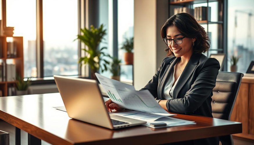 A confident businesswoman in a professional attire is seated at a stylish desk in a well-lit office, reviewing financial documents related to property financing. In the foreground, a laptop displays graphs and statistics, symbolizing the potential for securing a loan despite negative credit history. In the middle ground, a large window reveals a city skyline, reflecting hope and new opportunities. The background showcases shelves filled with finance books and a potted plant, enhancing the professional ambiance. Soft, warm lighting enhances the atmosphere, creating a feeling of safety and assurance. The logo "Financia Tudo" is subtly incorporated into the design of the desk or documents, reinforcing the theme of financing. The overall mood should inspire confidence and professionalism, emphasizing the possibility of securing a home despite challenges.