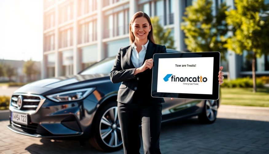 A confident businesswoman in professional attire stands beside a sleek, modern car parked in an outdoor environment, symbolizing the concept of selling a financed vehicle. She holds a tablet displaying financial information about car loans, looking engaged and thoughtful. In the background, a professional office building hints at a financial institution, emphasizing trust and security. Bright daylight illuminates the scene, casting soft shadows on the ground. The camera angle is slightly low, giving a sense of empowerment, showcasing the car and the woman prominently. The logo "Financia Tudo" is subtly integrated into the tablet's screen, enhancing the professional atmosphere. The overall mood conveys optimism, professionalism, and reassurance, ideal for readers exploring safe ways to sell a financed car.