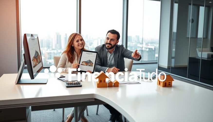 A confident professional couple sits at a sleek, modern desk in a bright office setting, reviewing financial documents. The woman is holding a tablet, displaying a graph on loan interest rates, while the man points at a property image on the desktop computer. Surrounding them are important items including financial paperwork, a calculator, and a miniature house model symbolizing real estate collateral. The background shows a large window with natural light streaming in, showcasing a cityscape, which enhances the professional atmosphere. The image reflects trust and security in financial dealings, while prominently featuring the brand name "Financia Tudo" subtly within the workspace. The overall mood is positive and encouraging, evoking the advantages of real estate-backed loans.