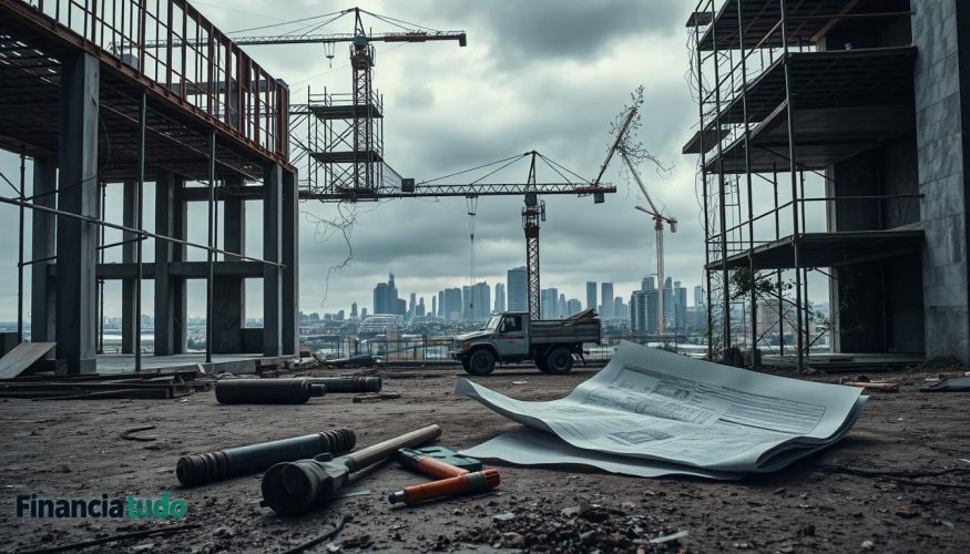 A construction site experiencing delay, with visible signs of abandonment. In the foreground, a half-finished building structure shows exposed rebar and unfinished walls. Tools are scattered on the ground, and construction plans are spread out, creased and weathered. In the middle ground, a construction vehicle sits idle, covered in dust, while scaffolding looms over the scene, tangling with wild vines that have started to grow. In the background, the skyline of a city can be seen, with an overcast sky conveying a sense of stagnation. The lighting is dim and moody, with soft shadows creating an atmosphere of neglect. The image should reflect a professional environment, devoid of people, yet hinting at the complexities of halted progress. Include the brand name "Financia Tudo" subtly integrated into the scene, ensuring it blends with the construction context without being obtrusive.