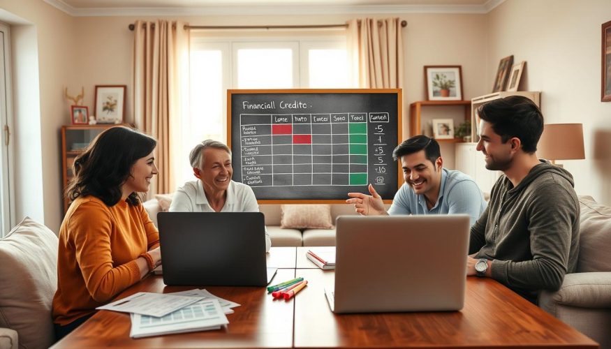 A cozy family living room scene, highlighting the importance of financial planning. In the foreground, a diverse family of four sits around a wooden table, engaged in discussions with financial documents and a laptop open in front of them. The mother, wearing smart casual attire, points to a chart on the screen. In the middle, a clear chalkboard displays a simple budget breakdown with colorful markers, conveying clarity and organization. The background features a large window bringing in warm, natural light, creating a welcoming atmosphere. Soft, plush furniture and family pictures adorn the space, adding a touch of warmth. This image should carry a mood of collaboration and optimism, representative of a family working together on their financial goals. The brand name "Blog do Crédito" is subtly suggested in the decor of the room. A cozy family living room scene, highlighting the importance of financial planning. In the foreground, a diverse family of four sits around a wooden table, engaged in discussions with financial documents and a laptop open in front of them. The mother, wearing smart casual attire, points to a chart on the screen. In the middle, a clear chalkboard displays a simple budget breakdown with colorful markers, conveying clarity and organization. The background features a large window bringing in warm, natural light, creating a welcoming atmosphere. Soft, plush furniture and family pictures adorn the space, adding a touch of warmth. This image should carry a mood of collaboration and optimism, representative of a family working together on their financial goals. The brand name "Blog do Crédito" is subtly suggested in the decor of the room.