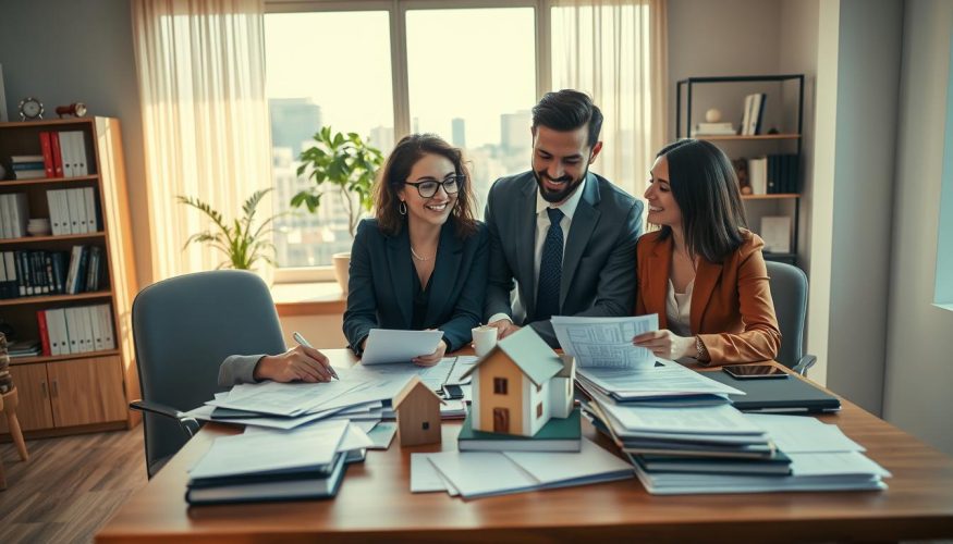 A cozy office environment reflecting a successful financial decision-making process. In the foreground, a diverse group of two professionals, one man and one woman, discussing a home refinancing plan, both dressed in smart business attire. They are seated at a stylish wooden desk cluttered with financial documents, a laptop, and a small house model. In the middle ground, a large window allows soft natural light to flood the room, illuminating a potted plant and a cityscape view outside, symbolizing opportunity and growth. The background showcases a shelf filled with books on finance and real estate. The mood is positive, focused, and collaborative, capturing the essence of making informed choices in home financing. The scene conveys professionalism and confidence, ideal for illustrating the section "Quando o refinanciamento de imóvel é a escolha ideal." Blog do Crédito. A cozy office environment reflecting a successful financial decision-making process. In the foreground, a diverse group of two professionals, one man and one woman, discussing a home refinancing plan, both dressed in smart business attire. They are seated at a stylish wooden desk cluttered with financial documents, a laptop, and a small house model. In the middle ground, a large window allows soft natural light to flood the room, illuminating a potted plant and a cityscape view outside, symbolizing opportunity and growth. The background showcases a shelf filled with books on finance and real estate. The mood is positive, focused, and collaborative, capturing the essence of making informed choices in home financing. The scene conveys professionalism and confidence, ideal for illustrating the section "Quando o refinanciamento de imóvel é a escolha ideal." Blog do Crédito.