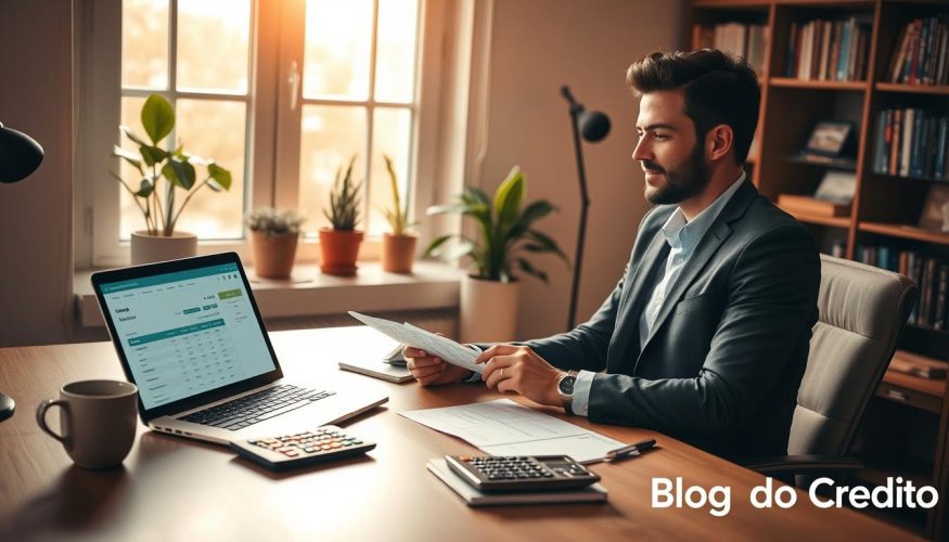 A cozy, well-organized home office setting with a modern desk, featuring a laptop displaying a budgeting app. On the desk, there are neatly arranged financial documents and a calculator, with a cup of coffee beside them. A focused professional, dressed in smart casual attire, is reviewing their budget with a relieved expression. In the background, a large window lets in warm, natural light, illuminating potted plants and bookshelves filled with financial books. Soft shadows and a gentle atmosphere contribute to a sense of calmness and financial control. The scene emphasizes efficiency in managing finances and budgeting wisely, reflecting the theme of "Como evitar dívidas com um orçamento eficiente." The brand "Blog do Crédito" is subtly integrated into the design. A cozy, well-organized home office setting with a modern desk, featuring a laptop displaying a budgeting app. On the desk, there are neatly arranged financial documents and a calculator, with a cup of coffee beside them. A focused professional, dressed in smart casual attire, is reviewing their budget with a relieved expression. In the background, a large window lets in warm, natural light, illuminating potted plants and bookshelves filled with financial books. Soft shadows and a gentle atmosphere contribute to a sense of calmness and financial control. The scene emphasizes efficiency in managing finances and budgeting wisely, reflecting the theme of "Como evitar dívidas com um orçamento eficiente." The brand "Blog do Crédito" is subtly integrated into the design.