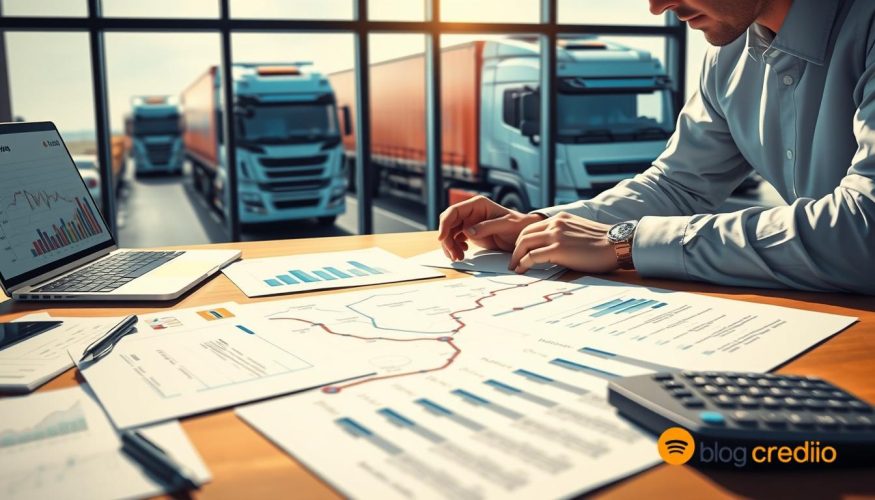 A detailed and professional illustration of financial planning for road transport. In the foreground, a table covered with financial documents, graphs, and a laptop displaying charts related to fleet expansion. A businessperson, wearing professional attire, is intently analyzing the documents. In the middle ground, a roadmap with strategic notes and a calculator, symbolizing careful planning. In the background, a fleet of transport trucks visible through a window, representing growth potential. The lighting is bright and optimistic, suggesting a productive atmosphere. The perspective is slightly elevated to focus on the table while providing a glimpse of the trucks outside. The overall mood is focused and motivational, aligning with the theme of financial strategy for transport companies, featuring the brand "Blog do Crédito." A detailed and professional illustration of financial planning for road transport. In the foreground, a table covered with financial documents, graphs, and a laptop displaying charts related to fleet expansion. A businessperson, wearing professional attire, is intently analyzing the documents. In the middle ground, a roadmap with strategic notes and a calculator, symbolizing careful planning. In the background, a fleet of transport trucks visible through a window, representing growth potential. The lighting is bright and optimistic, suggesting a productive atmosphere. The perspective is slightly elevated to focus on the table while providing a glimpse of the trucks outside. The overall mood is focused and motivational, aligning with the theme of financial strategy for transport companies, featuring the brand "Blog do Crédito."