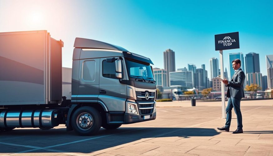 A detailed scene of a parked truck, symbolizing capital transformation, is set against a clear blue sky. In the foreground, the truck stands prominently, showcasing its shiny exterior and sturdy build, representing reliability. Beside the truck, a professional figure in business attire examines documents, exuding confidence and professionalism. In the middle ground, a modern urban environment with subtle hints of financial institutions, like a bank or office buildings, reflects an atmosphere of opportunity. The background features a bustling city skyline, capturing the essence of commerce and finance. Soft, natural lighting bathes the scene, creating an inviting mood. Include a subtle logo of "Financia Tudo" on a nearby sign or brochure, reinforcing the imagery of financial services.