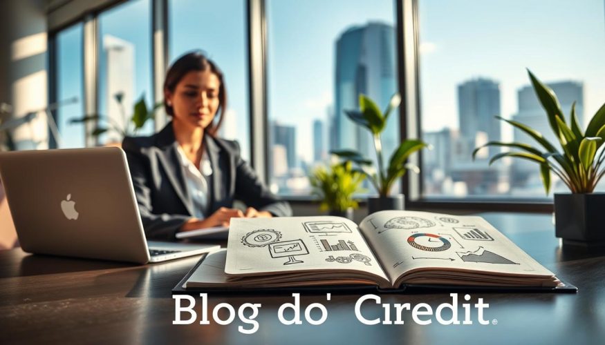 A focused view of a modern office setting representing financial understanding. In the foreground, a confident professional woman in a tailored blazer sits at a sleek desk with a laptop, reviewing financial documents and charts. In the middle ground, an open notebook displays sketches of credit concepts like growth and investment. The background features a large window with natural sunlight streaming in, casting soft shadows, and a vibrant city skyline. Subtle indoor plants add a fresh touch, enhancing the ambiance. The mood is hopeful and intellectual, emphasizing the strategic use of credit for financial growth. Include the logo or branding subtly integrated on the desk, labeled "Blog do Crédito". A focused view of a modern office setting representing financial understanding. In the foreground, a confident professional woman in a tailored blazer sits at a sleek desk with a laptop, reviewing financial documents and charts. In the middle ground, an open notebook displays sketches of credit concepts like growth and investment. The background features a large window with natural sunlight streaming in, casting soft shadows, and a vibrant city skyline. Subtle indoor plants add a fresh touch, enhancing the ambiance. The mood is hopeful and intellectual, emphasizing the strategic use of credit for financial growth. Include the logo or branding subtly integrated on the desk, labeled "Blog do Crédito".