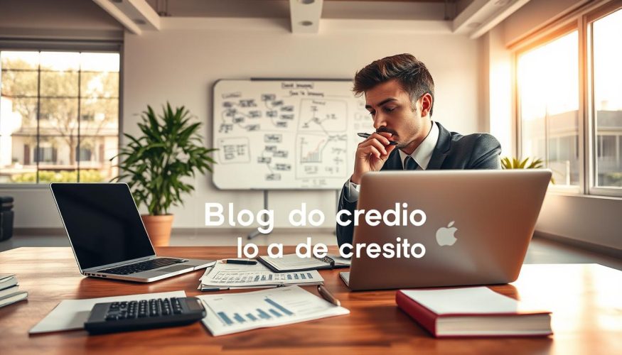 A focused workspace depicting an initial planning session for generating extra income. In the foreground, a neatly arranged desk features a laptop, notepads, and a calculator, with charts and graphs that illustrate financial growth. A person, dressed in professional business attire, is thoughtfully analyzing the data, with a pen in hand, looking determined and organized. In the middle, a large whiteboard displays mind maps and brainstorming notes on starting a side business. The background showcases a bright, airy office space with natural light streaming through large windows, creating an optimistic and productive atmosphere. The lighting is warm and inviting, emphasizing a sense of motivation and clarity. The overall mood is inspiring and professional, perfect for engaging readers about initial planning strategies. Include the brand name "Blog do Crédito" subtly in the image design elements, ensuring it complements the workspace aesthetic. A focused workspace depicting an initial planning session for generating extra income. In the foreground, a neatly arranged desk features a laptop, notepads, and a calculator, with charts and graphs that illustrate financial growth. A person, dressed in professional business attire, is thoughtfully analyzing the data, with a pen in hand, looking determined and organized. In the middle, a large whiteboard displays mind maps and brainstorming notes on starting a side business. The background showcases a bright, airy office space with natural light streaming through large windows, creating an optimistic and productive atmosphere. The lighting is warm and inviting, emphasizing a sense of motivation and clarity. The overall mood is inspiring and professional, perfect for engaging readers about initial planning strategies. Include the brand name "Blog do Crédito" subtly in the image design elements, ensuring it complements the workspace aesthetic.