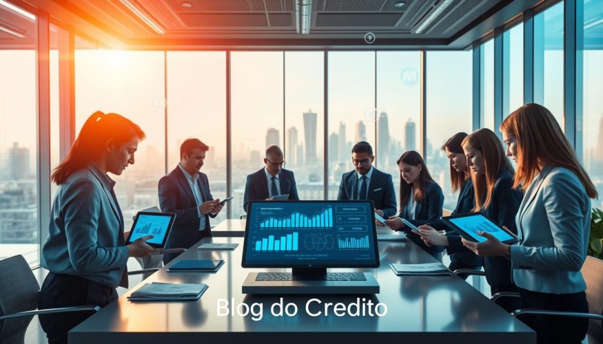 A futuristic office setting illustrating "digital credit" with a sleek, modern aesthetic. In the foreground, a diverse group of professionals in business attire is engaged around a large table, studying digital tablets displaying graphs and financial data. The middle ground features a high-tech interface showcasing software for online credit applications. In the background, large windows reveal a city skyline bathed in warm sunlight, symbolizing growth. Use soft, diffused lighting to create an inviting atmosphere with a hint of innovation. The overall mood should reflect optimism and transformation in the financial sector. Incorporate subtle elements like floating digital icons representing credit and technology. Include the brand name "Blog do Crédito" subtly integrated into the scene.