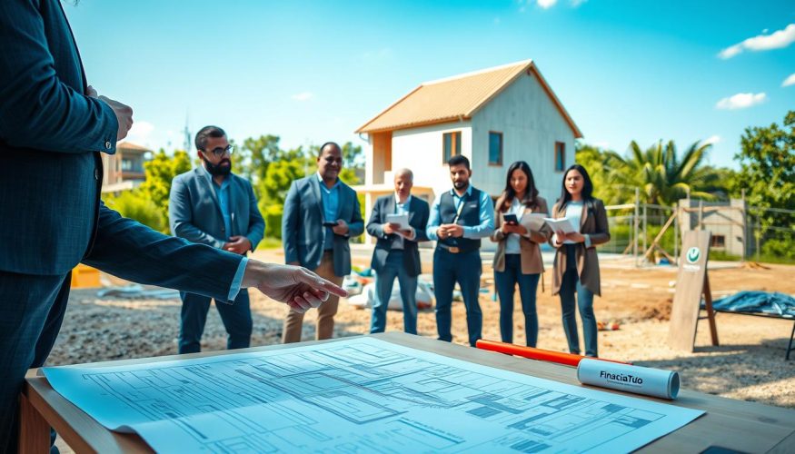 A modern construction site scene showcasing a peaceful environment where a diverse group of professionals, dressed in smart casual attire, are engaged in discussions about a building project. In the foreground, an architect points at blueprints spread out on a table, illustrating a gradual construction plan. Slightly in the middle ground, a diverse group of workers is seen collaborating, with some holding tools while others take notes. The background features a partially constructed house under clear blue skies with greenery surrounding the site, enhancing the optimism of the project. Soft, natural lighting highlights the scene, creating a warm and inviting atmosphere. The scene subtly integrates the brand name "Financia Tudo" through logos on papers and equipment. Aim for a vibrant and hopeful mood, emphasizing teamwork and planning for gradual construction efforts.