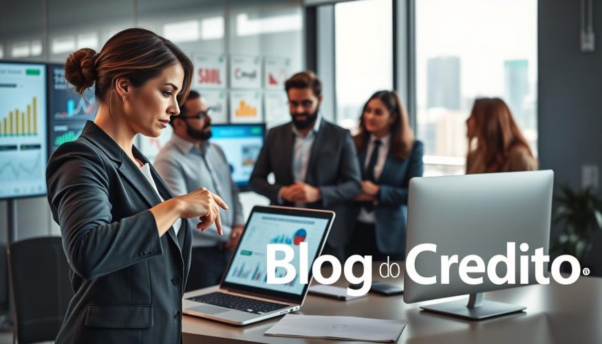 A modern, dynamic workspace featuring a diverse group of four professionals discussing affiliate marketing strategies. In the foreground, a businesswoman in professional attire points at a laptop displaying graphs and statistics related to online marketing. The middle ground includes a diverse team of men and women brainstorming, surrounded by digital screens showing various financial products. The background features a sleek office with financial-related posters and a large window revealing a cityscape. Soft, natural lighting filters through the window, creating an inviting, focused atmosphere. The overall mood is collaborative and innovative, emphasizing the concept of affiliate marketing in the financial sector. The logo "Blog do Crédito" is subtly integrated into the workspace decor.