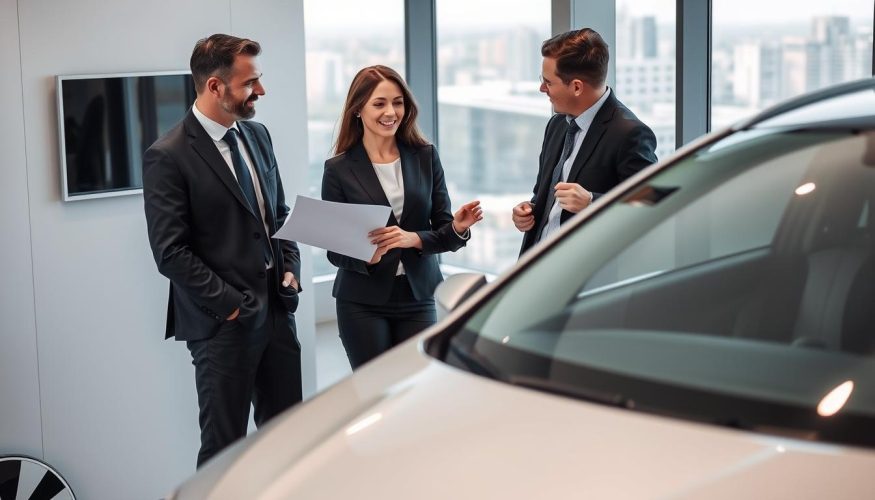 A modern office setting featuring a professional, well-dressed businesswoman discussing vehicle refinancing options with a client. In the foreground, a sleek, shiny vehicle is prominently displayed, symbolizing the collateral for the refinancing. In the middle ground, the businesswoman is pointing at a financial document while explaining details, showcasing a confident and friendly demeanor. The client, in smart casual attire, listens attentively. The background includes a large window letting in natural light, revealing a cityscape outside. The overall atmosphere is one of professionalism and trust, emphasizing the brand "Financia Tudo" with subtle branding elements, without any text. The image captures the essence of financial consultation with clarity and warmth.