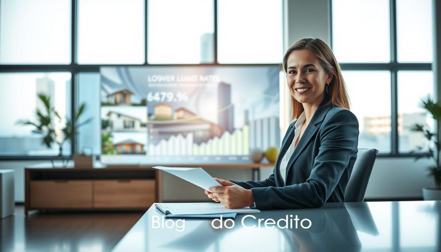 A modern office setting, focused on a professional and welcoming atmosphere. Foreground features a confident businesswoman in professional attire, seated at a sleek desk, reviewing documents related to property loans. In the middle, a glowing digital screen displays graphs and statistics on lower interest rates for secured loans, indicating a positive financial outlook. The background shows images of residential homes or skyscrapers, symbolizing the real estate market. Soft, natural lighting streams in through large windows, creating a warm and optimistic mood. The color palette consists of soft blues and greens, representing trust and stability. The brand name "Blog do Crédito" is subtly integrated into the visual elements without being overt. A modern office setting, focused on a professional and welcoming atmosphere. Foreground features a confident businesswoman in professional attire, seated at a sleek desk, reviewing documents related to property loans. In the middle, a glowing digital screen displays graphs and statistics on lower interest rates for secured loans, indicating a positive financial outlook. The background shows images of residential homes or skyscrapers, symbolizing the real estate market. Soft, natural lighting streams in through large windows, creating a warm and optimistic mood. The color palette consists of soft blues and greens, representing trust and stability. The brand name "Blog do Crédito" is subtly integrated into the visual elements without being overt.