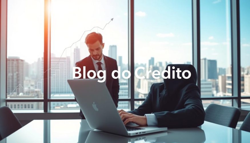 A modern office setting highlighting the concept of digital credit, featuring a professional businessperson in smart attire, analyzing data on a sleek laptop. The foreground shows the person engaged in their work, with a soft glow from the laptop screen illuminating their face, suggesting concentration and innovation. In the middle ground, digital graphics such as charts and financial data flow upwards, symbolizing the growth and influence of technology in finance. The background displays a city skyline through a large window, with a bright, optimistic blue sky, conveying progress and opportunity. Ensure the lighting is bright and airy, enhancing the feeling of a forward-thinking workspace. The brand name "Blog do Crédito" is integrated subtly in the design without any text overlays.