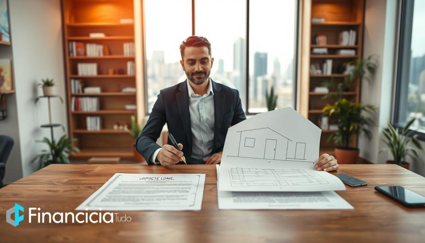 A modern office setting with a clean and professional atmosphere, featuring a wooden desk with documents related to property loan agreements. In the foreground, a confident businessperson in professional attire, holding a pen, reviews a blueprint of a house, symbolizing the concept of using third-party properties as collateral. In the middle ground, a large window displays a view of the city skyline, infusing the scene with natural light. The background contains shelves filled with books on finance and real estate, emphasizing the theme of secure loans. Subtle greenery in potted plants enhances the inviting environment. The overall mood is one of assurance and clarity, capturing the essence of responsible financial planning. The brand name "Financia Tudo" is subtly integrated into the scene with tasteful branding elements.