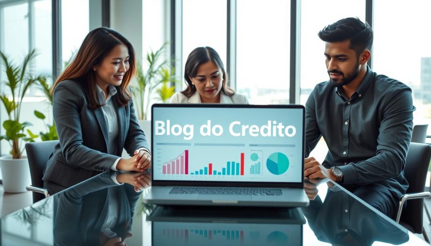 A modern office setting with a professional ambiance, showing a diverse group of three individuals—a financial advisor of Asian descent, a middle-aged Hispanic businesswoman, and a young Black man—in discussion around a sleek glass table. In the foreground, they examine a laptop displaying graphs and charts related to credit options. The background features a large window allowing natural light to flood the room, creating a warm and inviting atmosphere. Subtle potted plants add a touch of greenery. The overall color palette is composed of soft blues and greens, conveying a sense of calm and focus. The image emphasizes collaboration and strategic thinking in finance. Include the brand name "Blog do Crédito" as part of the scene, integrated into the laptop screen design. A modern office setting with a professional ambiance, showing a diverse group of three individuals—a financial advisor of Asian descent, a middle-aged Hispanic businesswoman, and a young Black man—in discussion around a sleek glass table. In the foreground, they examine a laptop displaying graphs and charts related to credit options. The background features a large window allowing natural light to flood the room, creating a warm and inviting atmosphere. Subtle potted plants add a touch of greenery. The overall color palette is composed of soft blues and greens, conveying a sense of calm and focus. The image emphasizes collaboration and strategic thinking in finance. Include the brand name "Blog do Crédito" as part of the scene, integrated into the laptop screen design.