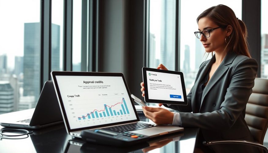 A modern office setting with a professional woman in smart business attire, sitting at a sleek desk while reviewing financial documents. In the foreground, the woman examines a digital tablet displaying approval notifications for credit applications, reflecting a sense of accomplishment. The middle ground features an open laptop with graphs showing credit approval timelines and a calculator nearby, emphasizing the analytical aspect of financial decisions. In the background, large windows flood the room with natural light, where city skyscrapers are visible, symbolizing growth and opportunity. The mood is optimistic and focused, capturing the essence of timely credit release processes. Include subtle branding elements with "Financia Tudo" visible on the tablet screen to connect the theme with a financial service.