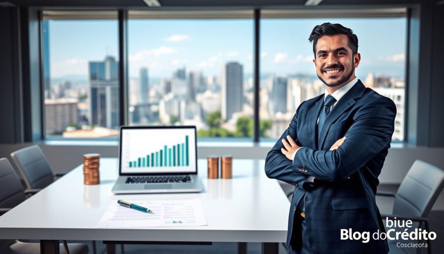 A modern, professional office setting showcasing the concept of personal loans. In the foreground, a confident, well-dressed businessperson, a Hispanic male in a navy suit and tie, stands with arms crossed, smiling and looking towards the viewer. The middle ground features a clean desk with a laptop displaying a financial graph, stacks of coins, and a contract with a pen, representing the advantages of personal loans. The background reveals large windows with natural light streaming in, highlighting a vibrant cityscape, symbolizing opportunity and growth. The atmosphere is optimistic and professional, focusing on financial empowerment and decision-making. The image should convey a sense of clarity and trust, fitting for the section titled "Vantagens de optar pelo empréstimo pessoal". Include the brand name "Blog do Crédito" subtly in the corner without any overt logos or text.