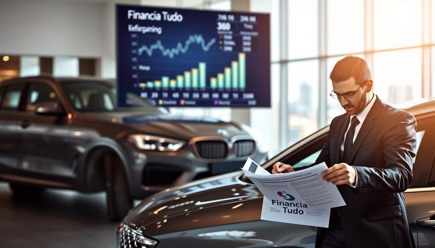 A modern, sleek car parked in a well-lit office environment, reflecting financial professionalism. In the foreground, a business professional in a smart suit is reviewing car financing documents, their expression focused and thoughtful. The middle ground features financial charts and graphs displayed on a digital screen, symbolizing financial growth and options available for vehicle refinancing. The background includes subtle hints of a city skyline through large windows, showcasing a bright, optimistic day. Soft, natural lighting enhances the mood, creating an atmosphere of opportunity and clarity. Prominently feature a logo of "Financia Tudo" on the documents and digital screen, linking the visual elements to vehicle financing. The overall feel should be one of professionalism and informed decision-making.