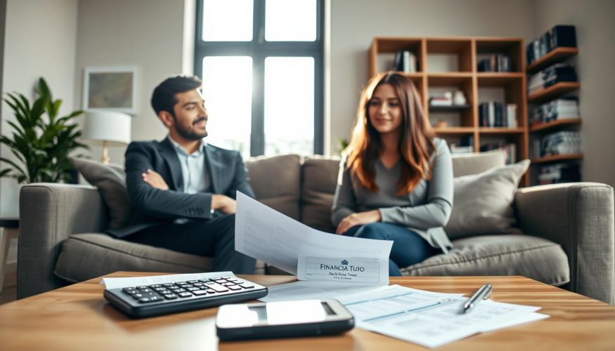 A professional and cozy living room setting, featuring a stylish sofa and a coffee table stacked with financial documents and a calculator. In the foreground, a young couple, dressed in smart casual attire, is discussing over the documents, looking thoughtful and engaged. In the middle ground, a large window lets in warm sunlight, illuminating the room and creating a welcoming atmosphere. In the background, there are shelves with books about real estate investment, symbolizing knowledge and planning. A subtle but elegant logo of "Financia Tudo" is displayed on a tablet on the coffee table. The overall mood is reflective and optimistic, emphasizing financial decision-making in the context of renting properties. The scene has soft, natural lighting, and a slightly blurred depth of field to focus on the couple.