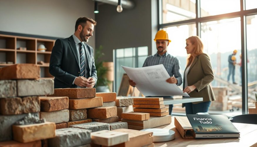 A professional and inviting construction office environment showcasing a variety of construction materials such as bricks, cement, and wooden beams artistically arranged in the foreground. In the middle ground, a well-dressed financial advisor discusses financing options with a couple, both appearing engaged and optimistic about their construction project, all while looking at a detailed blueprint on a table. In the background, a large window reveals a construction site with workers in hard hats, creating a sense of progress and opportunity. Soft, natural lighting pours in from the window, enhancing the mood of aspiration and flexibility. The brand name "Financia Tudo" is subtly integrated into a visual element, such as a brochure on the table, ensuring a professional atmosphere throughout.