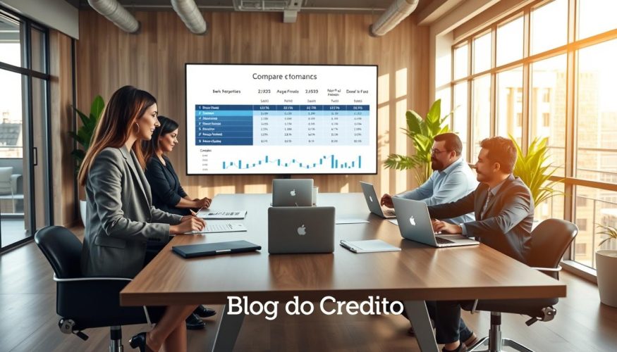 A professional and inviting office space showcasing the concept of "comparing banks" for credit options. In the foreground, a diverse group of three individuals in professional business attire, including a woman in a blazer and a man in smart casual wear, are gathered around a sleek conference table with laptops and documents displaying various bank offers. In the middle, a large screen shows graphs and charts comparing interest rates and terms. The background features a modern office with large windows letting in natural light, casting soft shadows. The mood is focused and collaborative, symbolizing informed financial decision-making. The color palette is warm with light wood tones and pops of green from potted plants. Include subtle branding elements of "Blog do Crédito" integrated into the environment.
