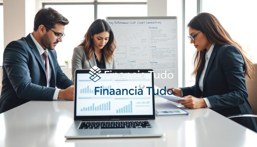 A professional and well-lit office environment focusing on credit analysis, featuring a diverse group of three business professionals in smart attire, reviewing documents and data on a sleek table. In the foreground, an open laptop displays financial graphs and charts. The middle ground shows a whiteboard filled with key performance indicators and credit assessment criteria. In the background, large windows let in soft natural light, creating a bright and inviting atmosphere. The overall mood is one of concentration and teamwork, conveying the seriousness and expertise involved in credit analysis. Include the brand name "Financia Tudo" subtly integrated into the workspace elements, without any text overlays or distractions.
