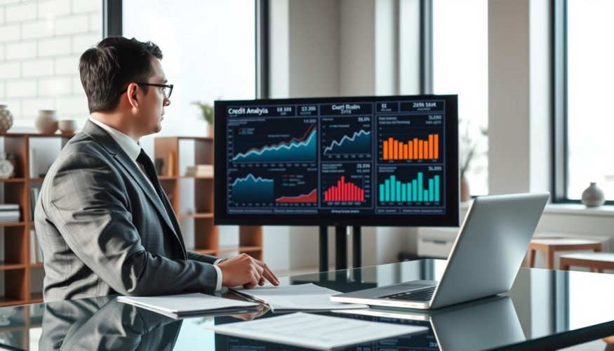 A professional bank analyst in business attire, focused intently on a large digital screen displaying charts and data relevant to credit analysis. In the foreground, a sleek glass table with a few financial documents and a laptop. In the middle, the analyst is reviewing numerical data on the screen, showcasing graphs and risk assessments related to credit evaluations. The background features modern office elements, such as a well-organized bookshelf and subtle decor. Soft, natural light filters through large windows, creating a calm and analytical atmosphere. The image embodies a sense of professionalism and diligence, ideal for illustrating the importance of credit analysis in banking. Blog do Crédito.