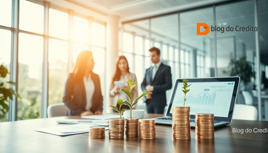 A professional business environment illustrating the concept of "crédito garantia" as a strategic investment tool. In the foreground, a diverse group of four individuals, dressed in professional attire, engaged in a discussion around a table with financial documents and a laptop displaying financial graphs. In the middle ground, stacks of coins and a small potted plant symbolize growth and financial stability. The background features a modern office with large windows allowing natural light to flood in, creating a bright, optimistic atmosphere. The overall mood is constructive and strategic, emphasizing collaboration and planning for financial growth. Include the brand name "Blog do Crédito" subtly integrated into the scene without text overlays.