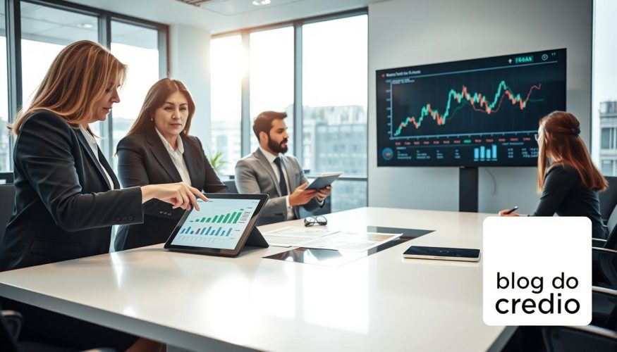 A professional business environment showcasing a diverse group of individuals gathered around a sleek conference table, discussing strategic plans involving credit affiliates in the financial market. The foreground features a middle-aged woman in smart business attire, pointing at a digital tablet displaying financial graphs. In the middle, a young man, also dressed in professional attire, takes notes on a notepad, while another colleague gestures towards a large screen displaying market data trends. The background includes a modern office with large windows, allowing natural light to flood the space, creating an optimistic atmosphere. The overall mood is collaborative and dynamic, highlighting the strategic importance of credit affiliates. The image should also subtly incorporate the logo of "Blog do Crédito" in the corner. A professional business environment showcasing a diverse group of individuals gathered around a sleek conference table, discussing strategic plans involving credit affiliates in the financial market. The foreground features a middle-aged woman in smart business attire, pointing at a digital tablet displaying financial graphs. In the middle, a young man, also dressed in professional attire, takes notes on a notepad, while another colleague gestures towards a large screen displaying market data trends. The background includes a modern office with large windows, allowing natural light to flood the space, creating an optimistic atmosphere. The overall mood is collaborative and dynamic, highlighting the strategic importance of credit affiliates. The image should also subtly incorporate the logo of "Blog do Crédito" in the corner.
