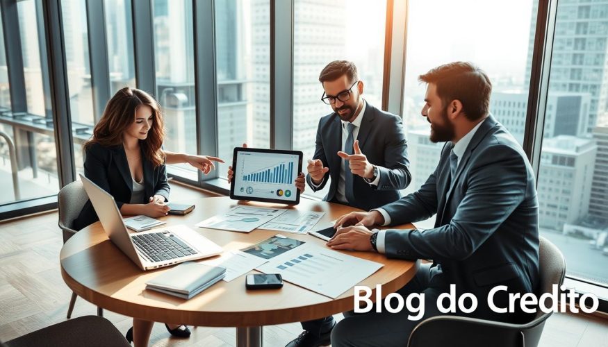 A professional business meeting scene in a modern office setting, featuring diverse individuals in business attire engaged in a strategic discussion about financial partnerships. The foreground shows a round table with a laptop, financial documents, and a digital tablet displaying graphs and charts. In the middle, there are three professionals: a woman pointing at the tablet, a man taking notes, and another man making a presentation gesture. The background features large windows with city views, casting natural light into the room, creating a bright and inviting atmosphere. Include the brand name "Blog do Crédito" subtly integrated in the corner of the image, emphasizing collaboration and strategic choices. The mood should convey professionalism, trust, and financial growth.