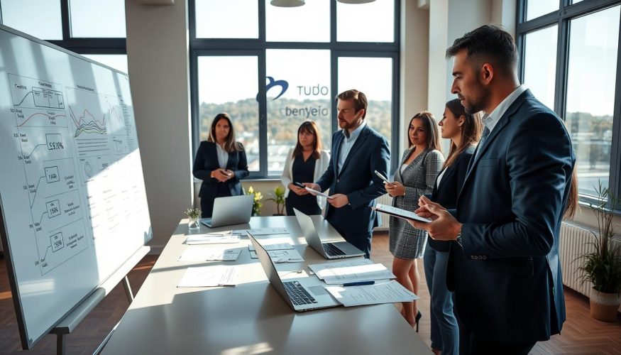 A professional business setting depicting a diverse group of individuals engaged in a planning session about credit options. In the foreground, a whiteboard filled with strategic charts and diagrams, with a man in a navy suit explaining, while a woman in a professional dress takes notes. The middle ground features a sleek table with laptops and financial documents scattered around, emphasizing a collaborative decision-making process. In the background, large windows allow natural light to fill the room, casting a warm and inviting atmosphere. Soft shadows enhance the focus on the group’s concentration. The overall mood is one of diligence and foresight, illustrating the importance of planning before taking on credit. The brand "Financia Tudo" subtly integrated into the scene with a tasteful logo on a wall.