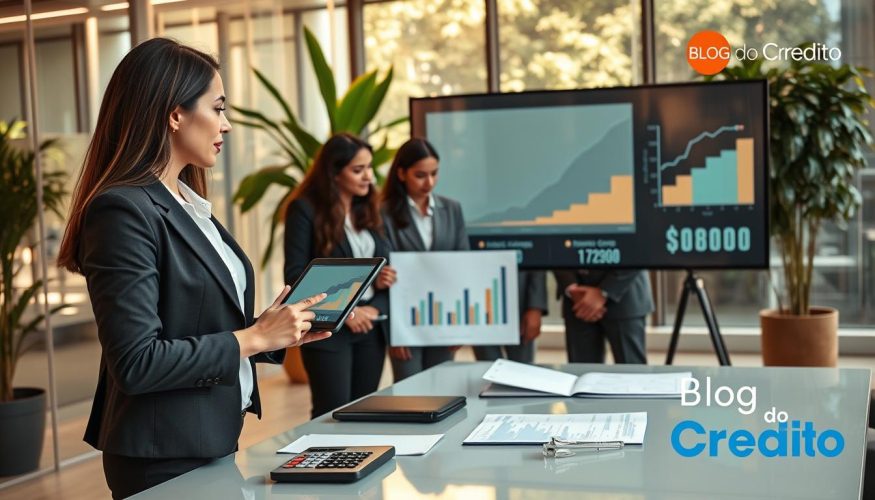 A professional business setting featuring a diverse group of individuals engaged in a discussion about credit policy. In the foreground, a confident woman in a sharp blazer is presenting key points on a digital tablet, with a calculator and financial documents on a sleek table. In the middle, attentive colleagues of various ethnicities, dressed in business attire, examine charts and graphs displayed on a large screen, reflecting positive growth trends. The background shows a modern office environment with glass walls, greenery, and natural sunlight filtering through, creating an inviting atmosphere. The mood is focused and collaborative, conveying an air of determination and strategic planning. Capture this scene with a warm color palette, soft lighting, and a slightly angled perspective to enhance depth. Include a subtle logo for "Blog do Crédito" in the corner for branding purposes.