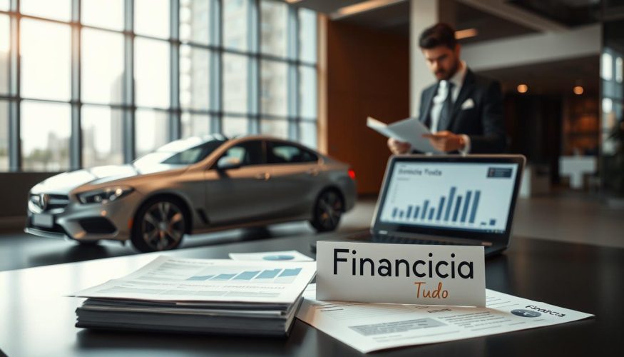 A professional business setting illustrating the concept of vehicle financing. In the foreground, a modern, sleek car is parked, symbolizing a financed vehicle. Beside it, a well-dressed person in business attire consults paperwork, looking contemplative, reflecting the idea of legal considerations regarding vehicle ownership. In the middle ground, a blurred office scene showcases financial documents and a laptop displaying graphs, adding depth to the narrative. The background features a city skyline through a large window, symbolizing opportunities and challenges. Soft, natural lighting illuminates the scene, creating a serious yet optimistic atmosphere. The brand name "Financia Tudo" is subtly incorporated into the documents on the table, enhancing the professional theme.