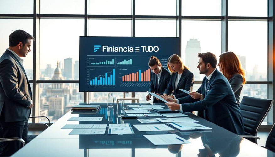 A professional business setting that illustrates the importance of credit evaluation in the financial system. In the foreground, a diverse group of business professionals in formal attire, discussing financial documents and graphs on a sleek conference table. In the middle ground, a large digital screen displays statistics and charts related to credit evaluation. The background features a modern office environment with floor-to-ceiling windows showcasing a city skyline during the daytime, allowing natural light to flood the scene. The atmosphere is serious yet collaborative, conveying a sense of purpose and decision-making. Add subtle branding for "Financia Tudo" on the digital screen. The composition should focus on the interaction and engagement among the professionals, captured with a slight overhead angle to enhance the depth of the scene.