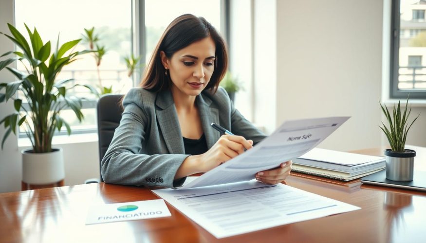 A professional businesswoman sits at a polished wooden desk, reviewing financial documents with a focused expression, showcasing the concept of "nome sujo" or negative credit. She wears a smart gray blazer and has neatly organized paperwork around her. In the background, a large window allows soft daylight to filter in, illuminating the scene and casting gentle shadows. Potted plants add a touch of greenery to the office environment, enhancing the overall atmosphere of a serious yet hopeful setting. The foreground emphasizes her hands holding a pen, poised over a document titled "Credit Evaluation." The composition should convey a sense of determination and professionalism, while the atmosphere remains calm and optimistic. Include subtle branding for "Financia Tudo" on the desk, ensuring it blends naturally into the scene.