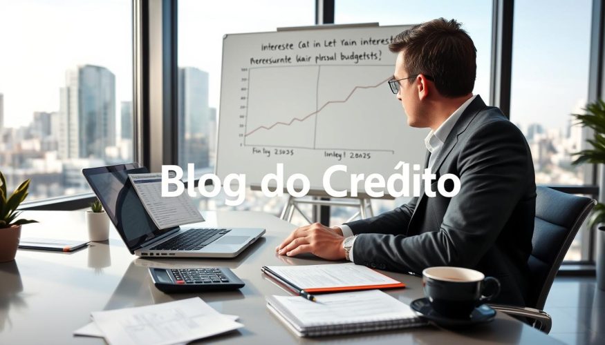 A professional financial advisor in a modern office setting, seated at a sleek desk with a laptop displaying budget spreadsheets. In the foreground, a calculator and a notebook filled with financial notes. In the middle ground, a whiteboard with graphs illustrating interest rates and their impact on personal budgets. The background showcases a large window with a city skyline view, allowing natural light to fill the room, creating a warm and inviting atmosphere. Subtle hints of financial documents and a cup of coffee on the desk add to the professional ambiance. The focus is on clarity and understanding the concept of interest on budgets, embodying a constructive and insightful mood. Include the brand name "Blog do Crédito" in the scene, emphasizing financial literacy. A professional financial advisor in a modern office setting, seated at a sleek desk with a laptop displaying budget spreadsheets. In the foreground, a calculator and a notebook filled with financial notes. In the middle ground, a whiteboard with graphs illustrating interest rates and their impact on personal budgets. The background showcases a large window with a city skyline view, allowing natural light to fill the room, creating a warm and inviting atmosphere. Subtle hints of financial documents and a cup of coffee on the desk add to the professional ambiance. The focus is on clarity and understanding the concept of interest on budgets, embodying a constructive and insightful mood. Include the brand name "Blog do Crédito" in the scene, emphasizing financial literacy.