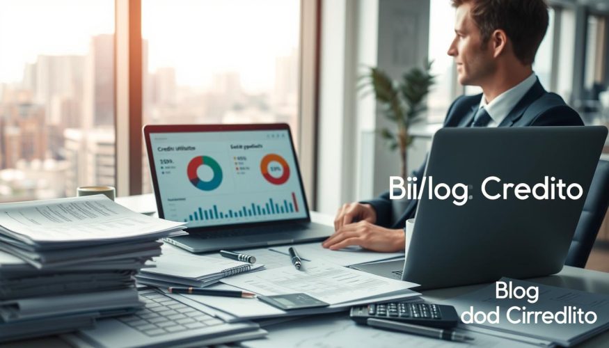 A professional financial advisor in business attire is sitting at a desk cluttered with financial documents, charts, and a laptop displaying an analysis of financial health. The foreground features stacks of paperwork and a calculator, symbolizing the complexity of personal finances. In the middle, there is a large pie chart and bar graphs showing credit utilization and expenditure breakdown. The background is softly blurred, showcasing a modern office environment with a window revealing a city skyline, bathed in natural daylight. The atmosphere is analytical and focused, conveying a sense of urgency and professionalism. In one corner, subtly include the brand name "Blog do Crédito" without any distractions. A professional financial advisor in business attire is sitting at a desk cluttered with financial documents, charts, and a laptop displaying an analysis of financial health. The foreground features stacks of paperwork and a calculator, symbolizing the complexity of personal finances. In the middle, there is a large pie chart and bar graphs showing credit utilization and expenditure breakdown. The background is softly blurred, showcasing a modern office environment with a window revealing a city skyline, bathed in natural daylight. The atmosphere is analytical and focused, conveying a sense of urgency and professionalism. In one corner, subtly include the brand name "Blog do Crédito" without any distractions.