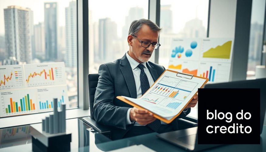 A professional financial advisor sitting at a sleek office desk, surrounded by colorful charts and graphs representing financial data and various financial products. The advisor, a middle-aged individual in a tailored business suit, is thoughtfully analyzing a clipboard filled with financial information. In the background, a large window reveals a modern city skyline, bathed in soft, natural light that creates an inviting atmosphere. The mood is focused and analytical, embodying the theme of identifying financial profiles and needs. To the side, a logo reading “Blog do Crédito” is subtly integrated into the desk setup, enhancing the professional context without overshadowing the scene.