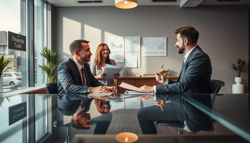 A professional indoor setting showcasing a modern office environment. In the foreground, a well-dressed financial advisor sits at a sleek glass desk, engaging with a couple who appear attentive and interested. The couple, dressed in smart casual attire, holds documents related to property finance. In the middle background, there is a large window with natural daylight streaming in, illuminating charts and financial graphs on the wall. The atmosphere is warm and inviting, with a sense of trust and professionalism. A subtle branding of "Financia Tudo" is incorporated into the office decor, perhaps on a wall-mounted sign or a brochure on the desk. The image is captured with a soft focus effect to enhance the inviting mood.
