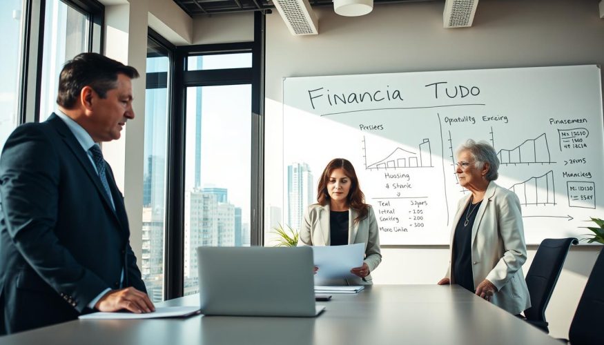 A professional, inviting office space focused on the concept of minimum income for real estate financing. In the foreground, a diverse group of three individuals, a middle-aged man in a well-fitted suit, a young woman in smart casual attire, and an older woman in business attire, are engaged in a discussion around a table with documents and a laptop. The middle ground features a large window showcasing a cityscape with modern buildings, symbolizing housing opportunities. In the background, a whiteboard outlines graphs and key terms related to financing, clearly stating "Financia Tudo". The scene is well-lit with natural light, creating a motivating and focused atmosphere, shot with a 35mm lens for depth. The overall mood is professional, encouraging financial knowledge and collaboration.