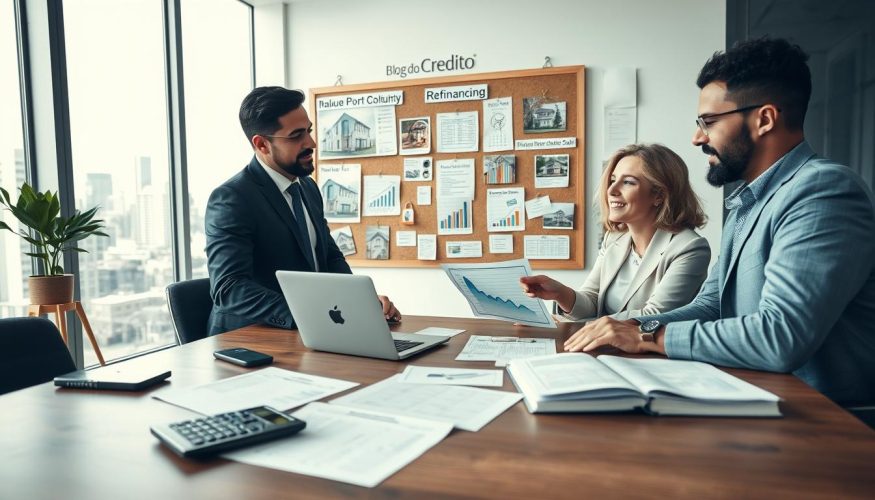 A professional-looking office interior, featuring a large wooden desk with financial documents and a calculator. In the foreground, a diverse group of three individuals in business attire are engaged in a discussion about refinancing a property, with one visibly pointing to a chart on a laptop. The middle ground shows a corkboard filled with property images, financial graphs, and key terms like 'refinancing' and 'property sale.' The background includes large windows letting in natural light, with a city skyline view that implies a bustling real estate market. The mood is serious yet optimistic, capturing the essence of making informed financial decisions. Soft focus on the background to emphasize the discussion in the foreground. Incorporate the brand name "Blog do Crédito" subtly within the environment, like on a notebook or desk item. A professional-looking office interior, featuring a large wooden desk with financial documents and a calculator. In the foreground, a diverse group of three individuals in business attire are engaged in a discussion about refinancing a property, with one visibly pointing to a chart on a laptop. The middle ground shows a corkboard filled with property images, financial graphs, and key terms like 'refinancing' and 'property sale.' The background includes large windows letting in natural light, with a city skyline view that implies a bustling real estate market. The mood is serious yet optimistic, capturing the essence of making informed financial decisions. Soft focus on the background to emphasize the discussion in the foreground. Incorporate the brand name "Blog do Crédito" subtly within the environment, like on a notebook or desk item.