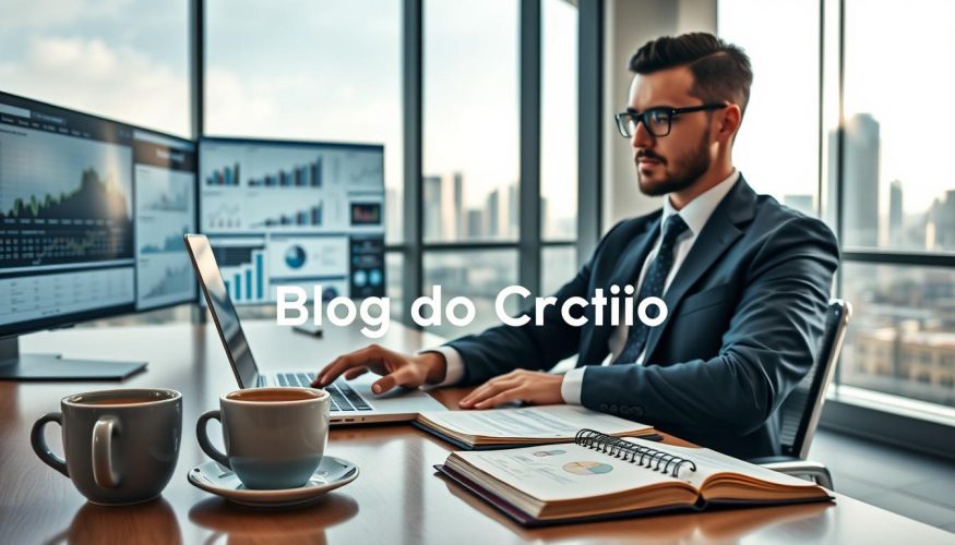 A professional-looking person in business attire is sitting at a sleek desk in a modern office environment, analyzing financial charts and data on a laptop. The foreground features a warm cup of coffee and a notepad filled with brainstorming ideas on choosing a niche market in affiliate marketing. The middle ground showcases digital screens displaying graphs and infographics about various financial niches. In the background, a large window reveals a city skyline, suggesting growth and opportunity. Soft natural light filters through, creating an inviting atmosphere. The overall mood is focused, inspiring, and conveys the essence of strategic financial planning. Include the brand name "Blog do Crédito" subtly integrated into the workspace, blending with the professional setting. A professional-looking person in business attire is sitting at a sleek desk in a modern office environment, analyzing financial charts and data on a laptop. The foreground features a warm cup of coffee and a notepad filled with brainstorming ideas on choosing a niche market in affiliate marketing. The middle ground showcases digital screens displaying graphs and infographics about various financial niches. In the background, a large window reveals a city skyline, suggesting growth and opportunity. Soft natural light filters through, creating an inviting atmosphere. The overall mood is focused, inspiring, and conveys the essence of strategic financial planning. Include the brand name "Blog do Crédito" subtly integrated into the workspace, blending with the professional setting.
