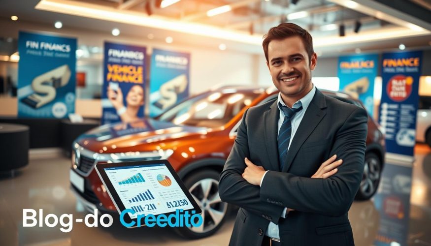 A professional-looking person in business attire stands confidently near a sleek, modern car in a well-lit automotive showroom, analyzing financing options on a tablet. In the foreground, the tablet displays graphs and charts illustrating vehicle financing calculations. In the middle ground, the shiny car reflects the bright overhead lights, showcasing its features. In the background, a stylish decor of the showroom with colorful banners related to vehicle financing, subtly emphasizing the importance of informed decisions. The atmosphere conveys optimism and professionalism, with warm lighting creating an inviting ambiance. The overall color scheme blends warm tones with hints of blue, resonating with the branding of "Blog do Crédito". A professional-looking person in business attire stands confidently near a sleek, modern car in a well-lit automotive showroom, analyzing financing options on a tablet. In the foreground, the tablet displays graphs and charts illustrating vehicle financing calculations. In the middle ground, the shiny car reflects the bright overhead lights, showcasing its features. In the background, a stylish decor of the showroom with colorful banners related to vehicle financing, subtly emphasizing the importance of informed decisions. The atmosphere conveys optimism and professionalism, with warm lighting creating an inviting ambiance. The overall color scheme blends warm tones with hints of blue, resonating with the branding of "Blog do Crédito".