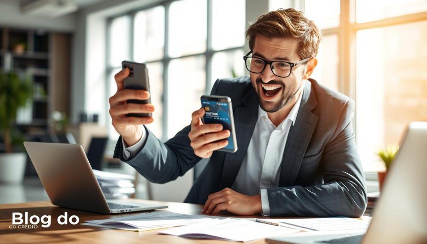 A professional-looking workspace showcasing the concept of having immediate credit limits available. In the foreground, a well-dressed individual, wearing a smart suit and glasses, excitedly examines a smartphone displaying a digital credit card interface. In the middle ground, a modern desk cluttered with financial documents and a laptop is visible, emphasizing organization and preparedness. The background features a bright office environment with large windows letting in natural light, creating a warm and inviting atmosphere. Soft shadows accentuate the details, and a slight bokeh effect softens the background, focusing attention on the individual and their enthusiasm. This image visualizes the advantages of having a credit limit ready for use, with branding subtly incorporated as "Blog do Crédito." A professional-looking workspace showcasing the concept of having immediate credit limits available. In the foreground, a well-dressed individual, wearing a smart suit and glasses, excitedly examines a smartphone displaying a digital credit card interface. In the middle ground, a modern desk cluttered with financial documents and a laptop is visible, emphasizing organization and preparedness. The background features a bright office environment with large windows letting in natural light, creating a warm and inviting atmosphere. Soft shadows accentuate the details, and a slight bokeh effect softens the background, focusing attention on the individual and their enthusiasm. This image visualizes the advantages of having a credit limit ready for use, with branding subtly incorporated as "Blog do Crédito."