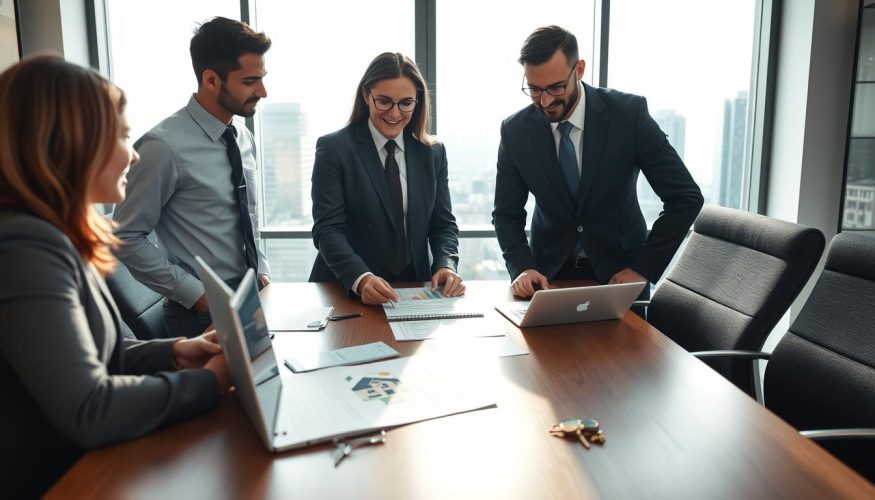 A professional meeting scene set in a modern office environment, conveying the concept of "empréstimo garantia imóvel" or mortgage-backed loans. In the foreground, a diverse group of three individuals in professional business attire—two men and one woman—discussing a financial document with a house illustration on it. The middle area includes a wooden conference table with a laptop, financial reports, and some house keys, reflecting the loan concept. In the background, large windows reveal a city skyline, creating a bright and optimistic atmosphere. Natural light streams in, highlighting the serious yet encouraging mood of financial planning. The image combines elements of trust, collaboration, and professionalism, emphasizing the topic. Blog do Crédito. A professional meeting scene set in a modern office environment, conveying the concept of "empréstimo garantia imóvel" or mortgage-backed loans. In the foreground, a diverse group of three individuals in professional business attire—two men and one woman—discussing a financial document with a house illustration on it. The middle area includes a wooden conference table with a laptop, financial reports, and some house keys, reflecting the loan concept. In the background, large windows reveal a city skyline, creating a bright and optimistic atmosphere. Natural light streams in, highlighting the serious yet encouraging mood of financial planning. The image combines elements of trust, collaboration, and professionalism, emphasizing the topic. Blog do Crédito.